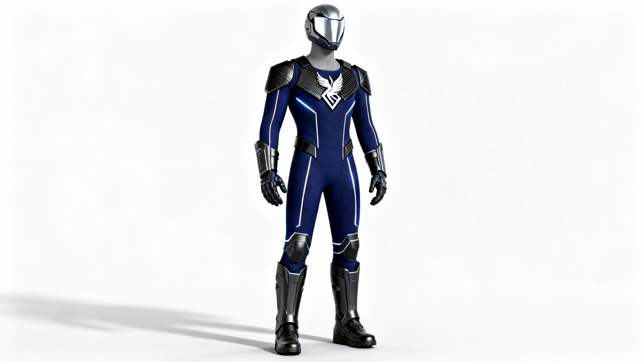 A full-body hero costume mockup in cobalt blue and black, displayed on a mannequin against a white background, featuring glowing silver accents and a phoenix emblem.
