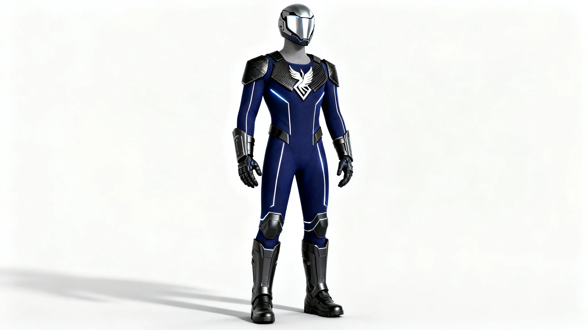A full-body hero costume mockup in cobalt blue and black, displayed on a mannequin against a white background, featuring glowing silver accents and a phoenix emblem.
