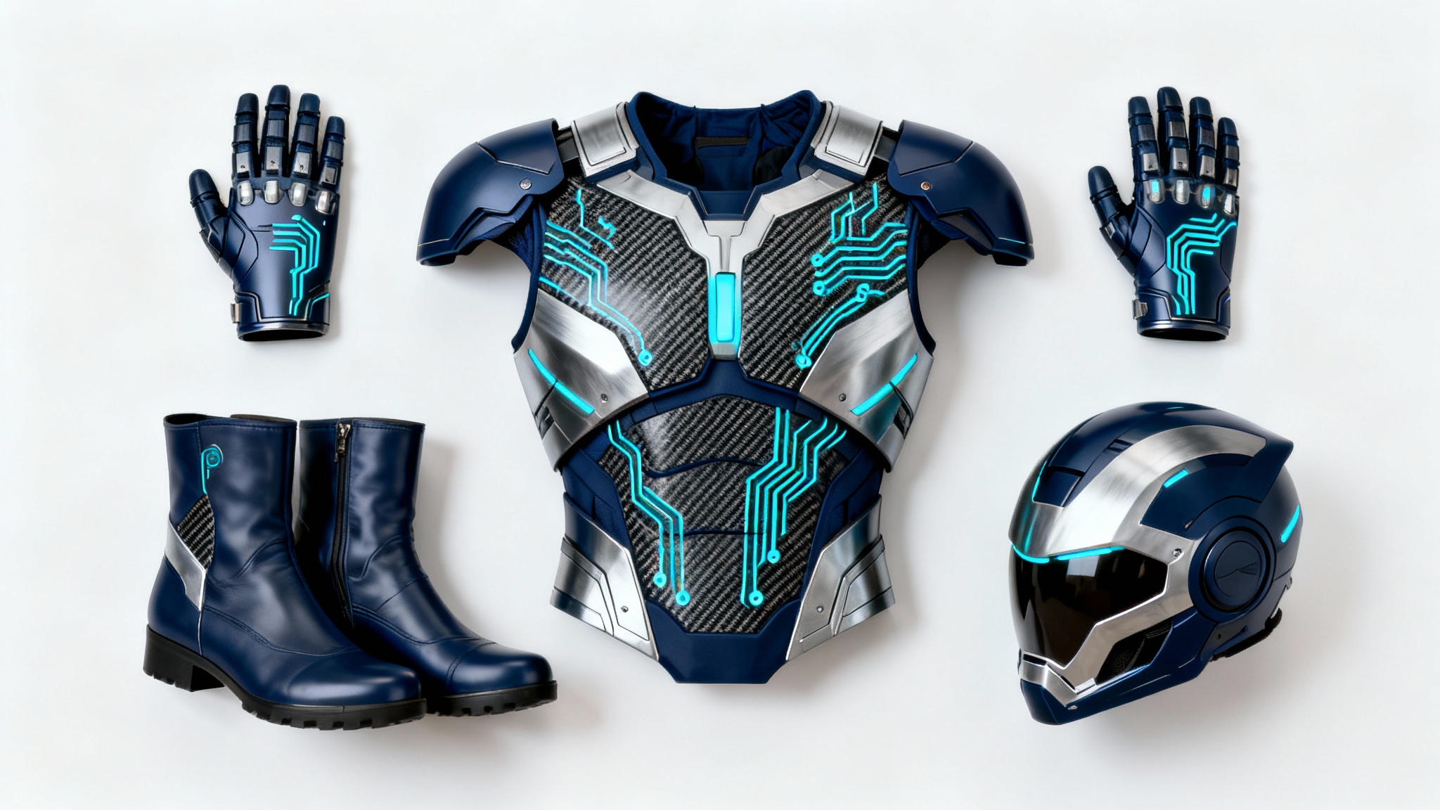 A detailed concept design of a modern superhero costume laid flat on a white background. The suit is dark blue and silver with glowing cyan lines, featuring a central torso piece, helmet, gauntlets, and boots.