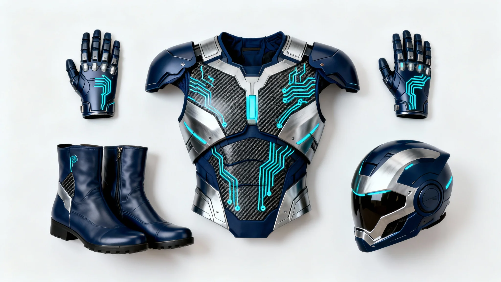 A detailed concept design of a modern superhero costume laid flat on a white background. The suit is dark blue and silver with glowing cyan lines, featuring a central torso piece, helmet, gauntlets, and boots.