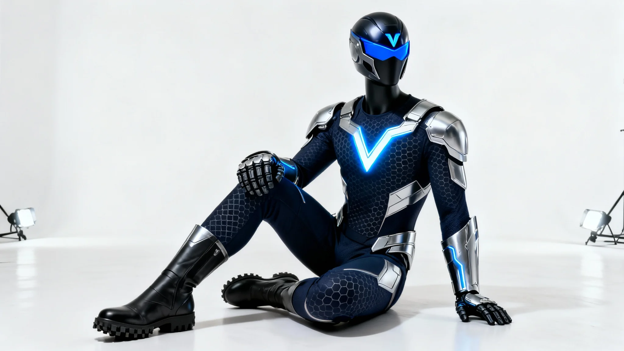 A photorealistic mockup of a dark navy and silver high-tech hero costume with glowing blue accents, displayed on a mannequin against a clean white background.