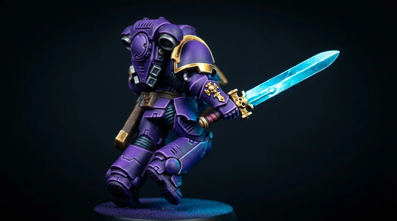 A detailed, professional close-up of a masterfully painted sci-fi knight miniature, showcasing an intricate purple and gold paint scheme and a glowing blue energy sword.