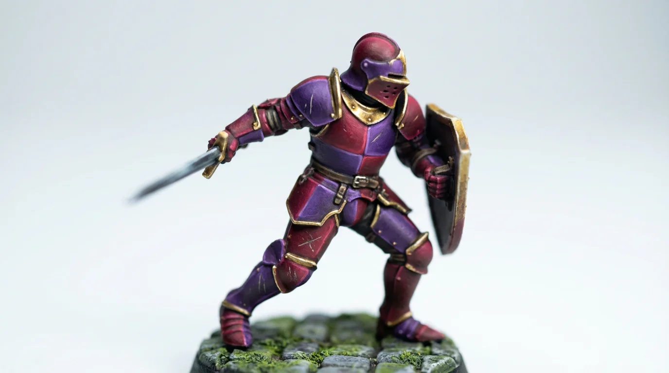 A close-up studio photograph of a single, intricately painted fantasy knight miniature, showcasing a red, purple, and gold color scheme against a clean white background.