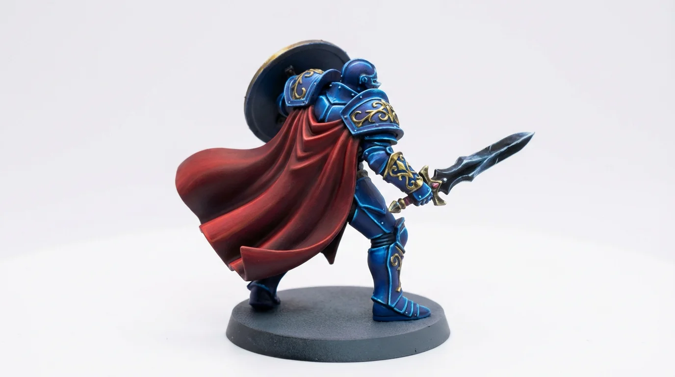 A close-up photo of a hand-painted fantasy knight miniature, showcasing a detailed paint scheme of cobalt blue, gold, and crimson against a stark white background.