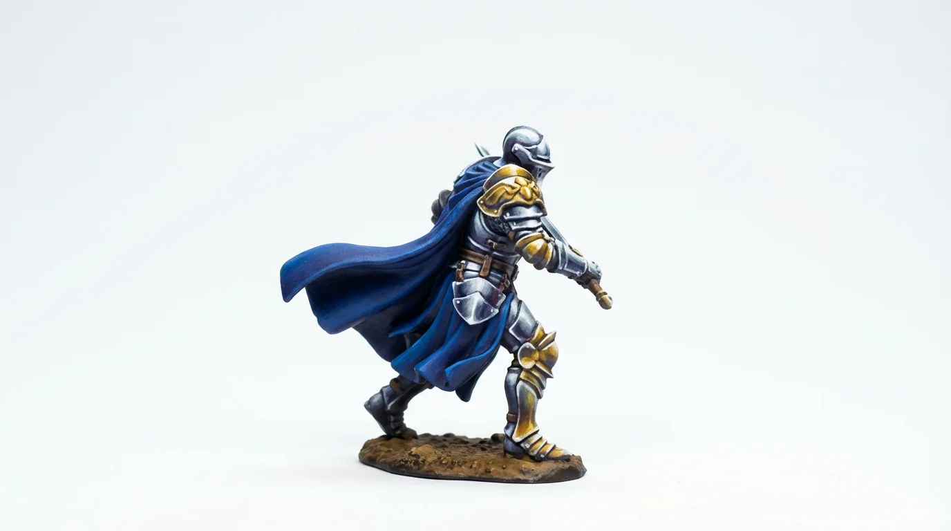 A close-up, studio-quality photograph of a professionally painted fantasy knight miniature, highlighting a detailed blue, silver, and gold color scheme against a clean white background.