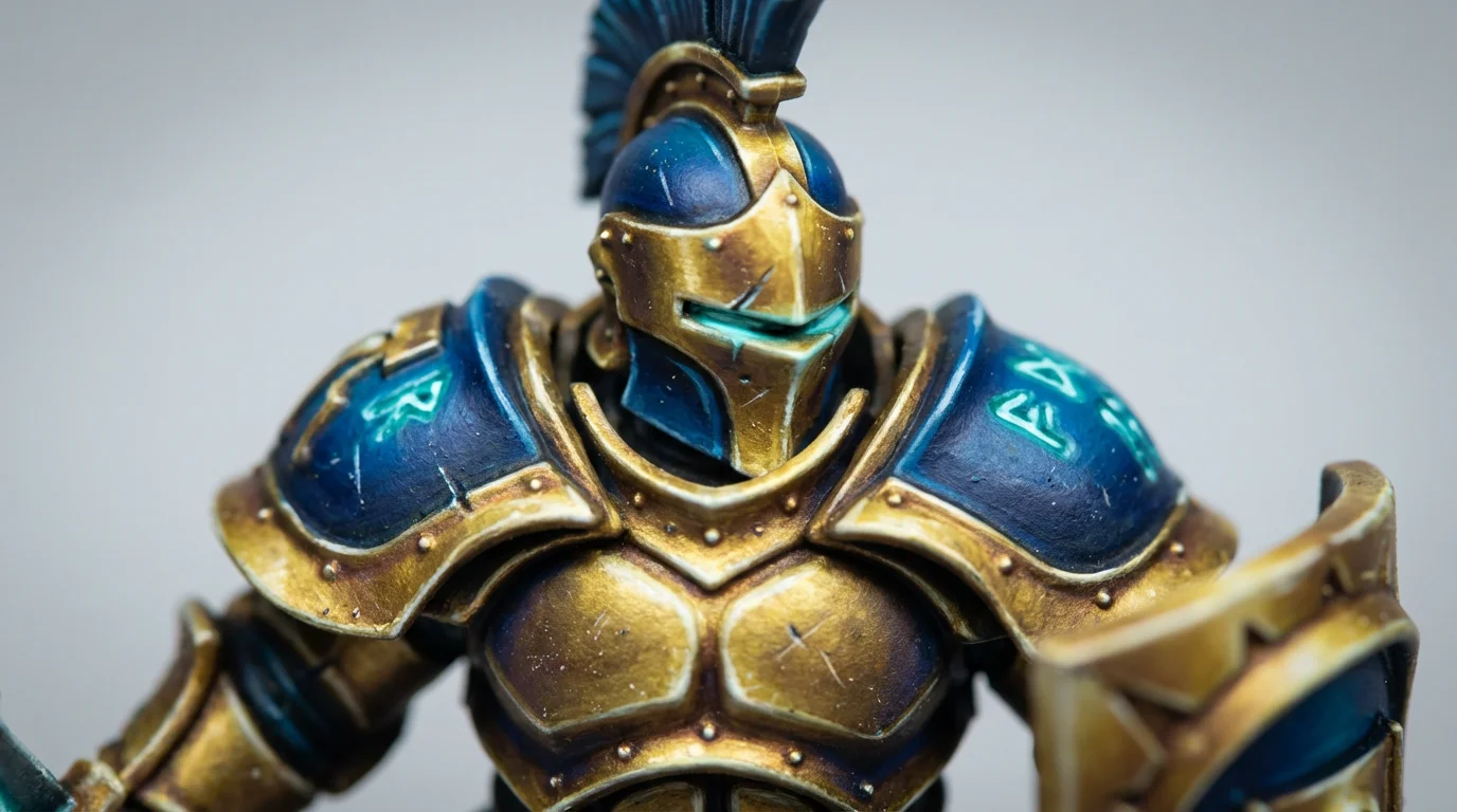 A close-up photograph of a professionally painted miniature of a futuristic knight, displaying a detailed gold and royal blue paint scheme with glowing turquoise details, set against a plain light gray background.