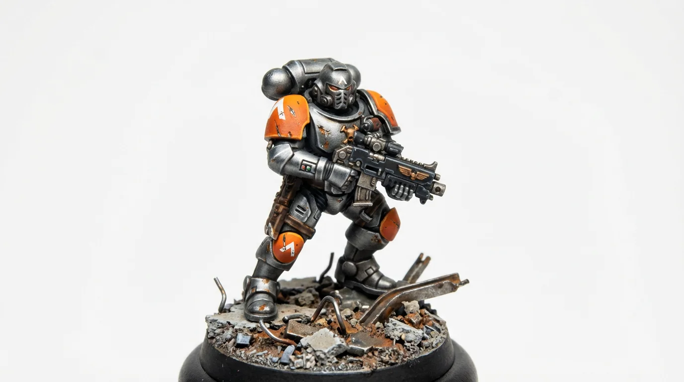 A close-up photograph of a professionally painted sci-fi soldier miniature in grey and orange armor, standing on a small rubble-themed diorama base against a white background.