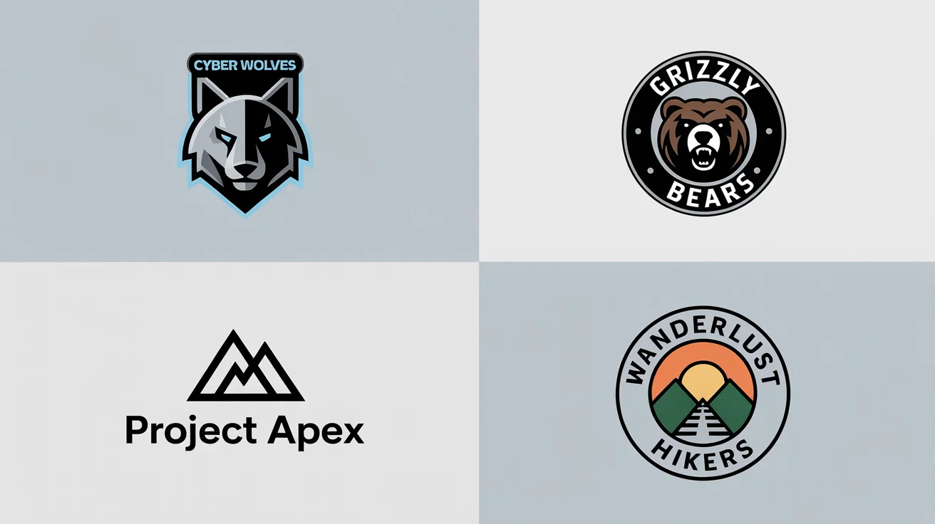 A grid of four professionally designed team logos against a light background, showcasing the output of a logo maker. The logos include a futuristic esports wolf, a classic bear mascot, a minimalist corporate mountain peak, and a friendly hiking club emblem.