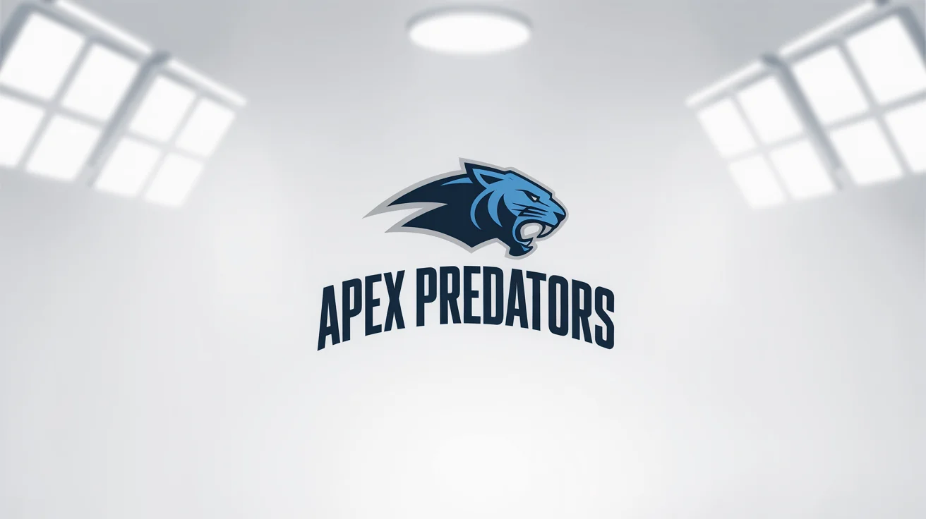 A modern esports team logo for the 'Apex Predators', featuring a stylized, geometric panther head in blue, black, and silver, displayed on a clean white background.