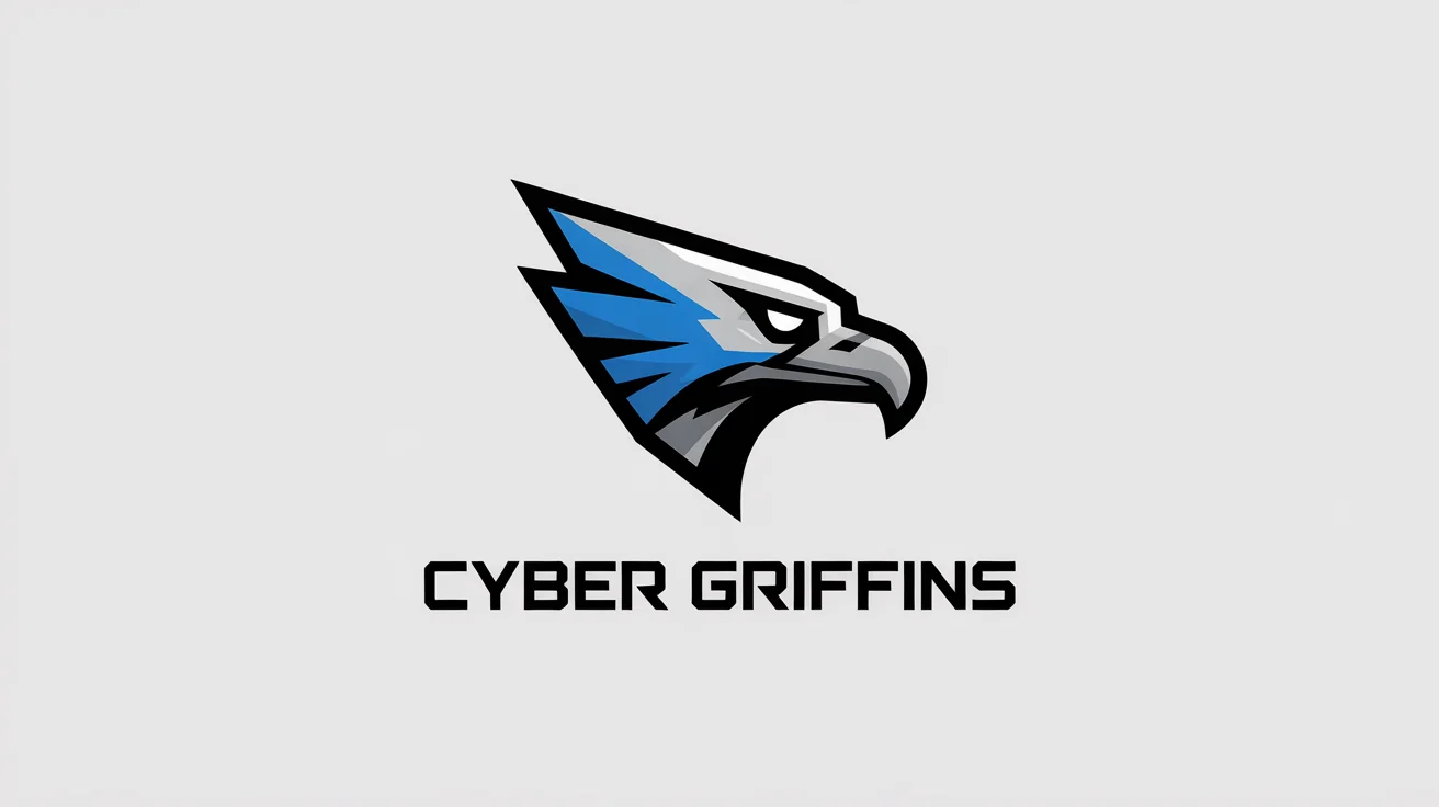 A modern esports team logo for the 'Cyber Griffins', featuring a stylized geometric griffin head in blue, silver, and black, positioned above the team name on a white background.