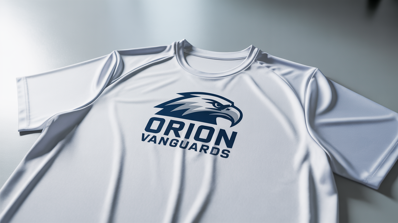 A modern team logo for the 'Orion Vanguards' featuring a navy blue and silver eagle head, mocked up on a white t-shirt against a light gray background.