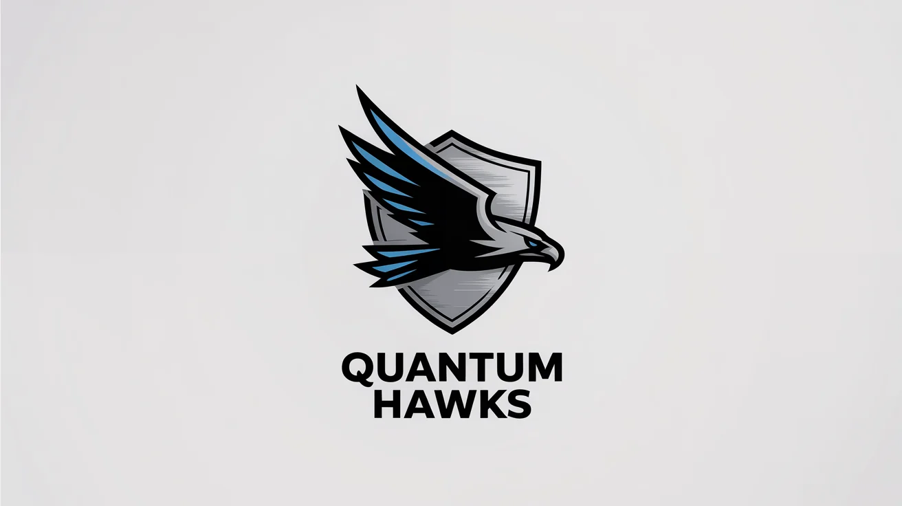 A modern logo for a fictional esports team called the 'Quantum Hawks', featuring a stylized blue and silver hawk on a white background.