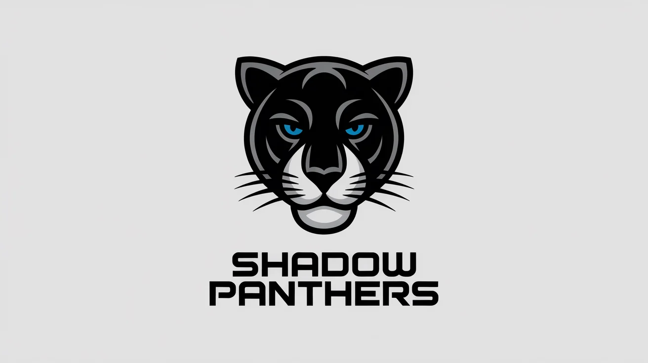 A modern esports team logo for the 'SHADOW PANTHERS' featuring a stylized, geometric panther head in electric blue, black, and silver on a white background.