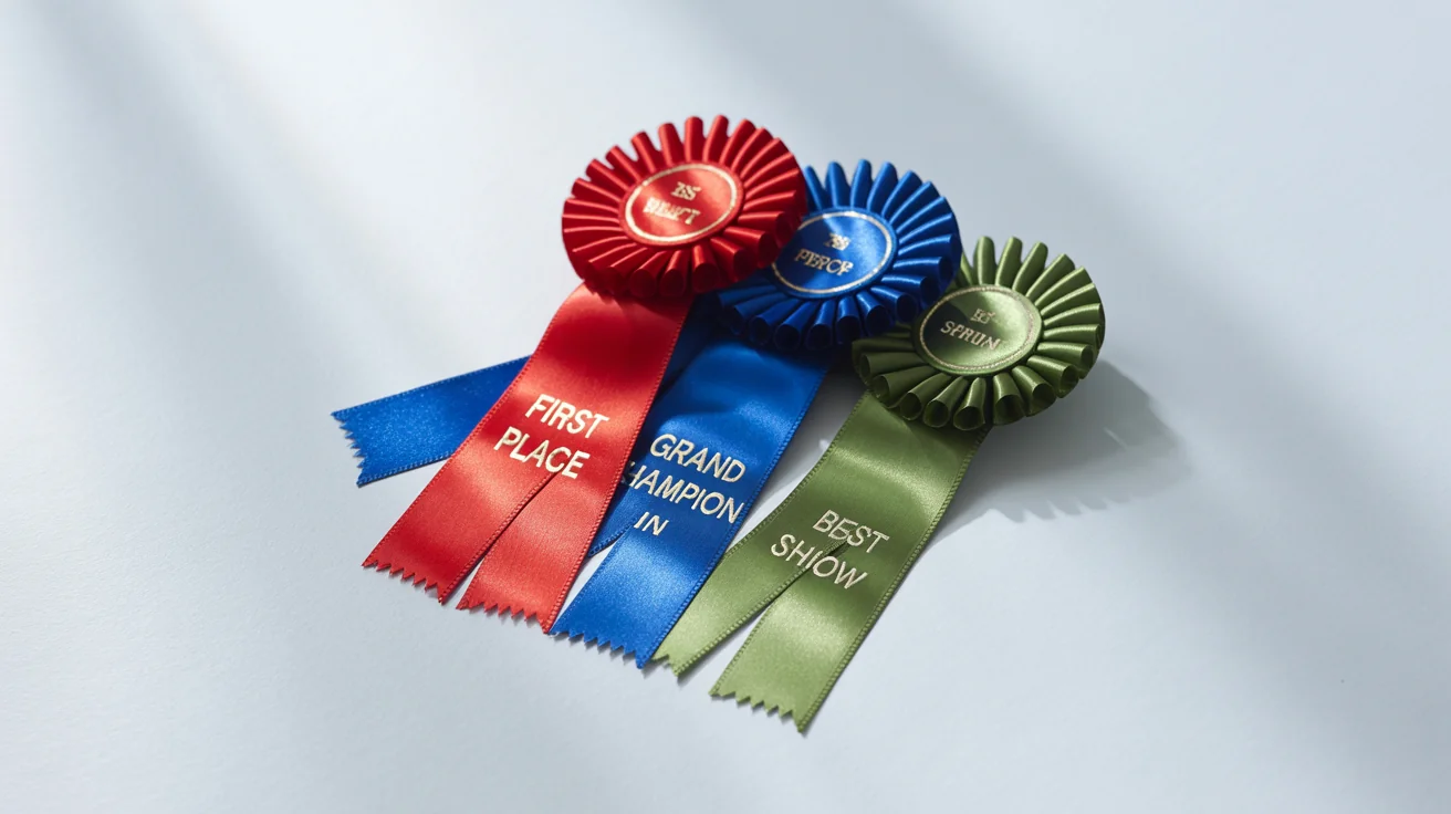 A vibrant collection of professionally designed award ribbons in red, blue, and green, neatly arranged on a clean white background. Each satin ribbon has a rosette and features gold or silver text like 'First Place' and 'Grand Champion'.