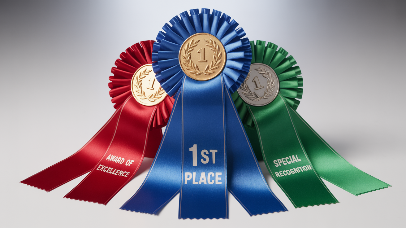 A photorealistic mockup of three award ribbons on a white background: a blue first-place ribbon, a red award of excellence ribbon, and a green special recognition ribbon, all with legible text.