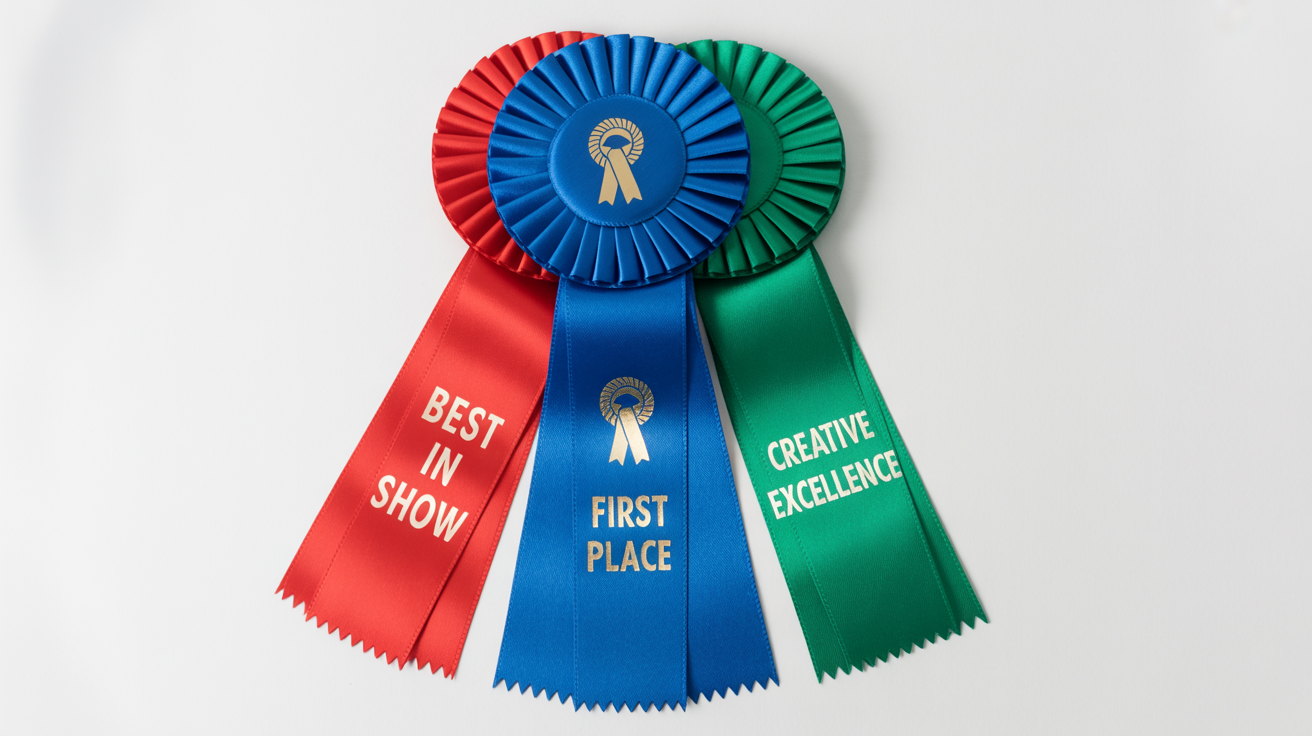 A photorealistic mockup of three award ribbons on a white background: a central blue ribbon for 'FIRST PLACE', a red one for 'BEST IN SHOW', and a green one for 'CREATIVE EXCELLENCE'.