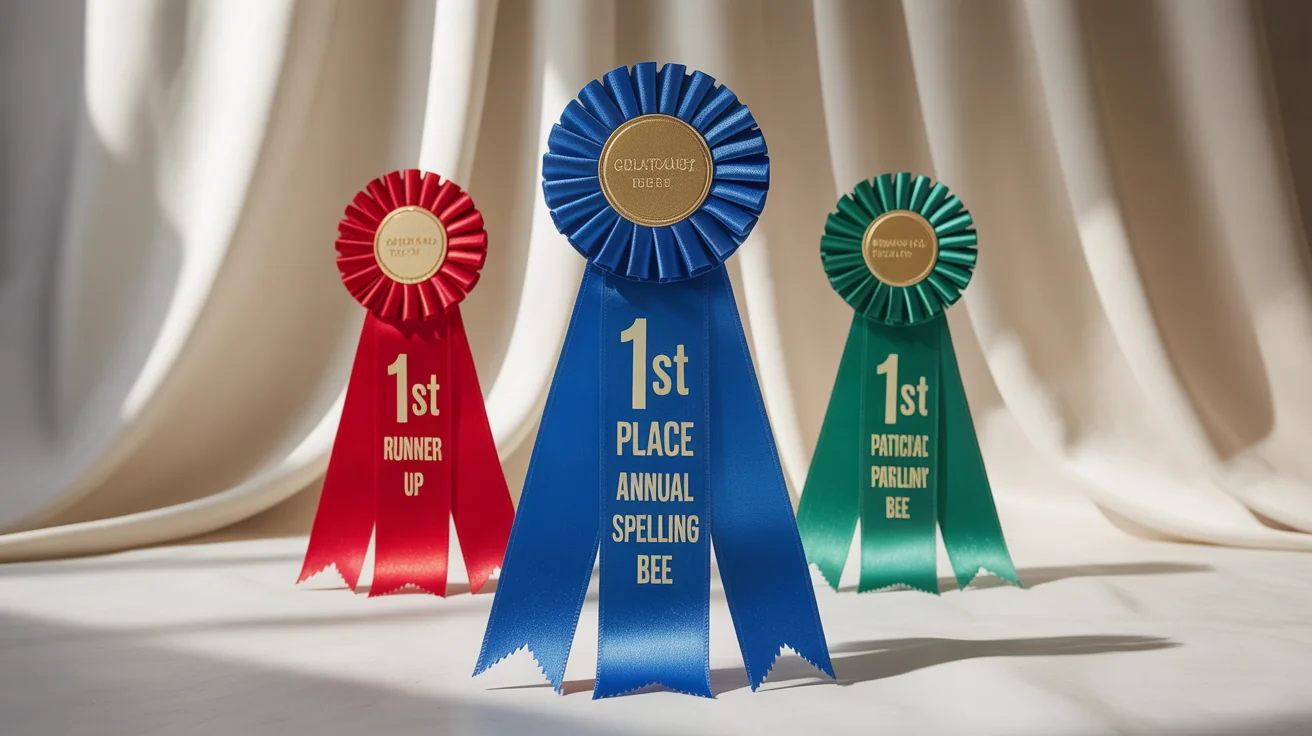 A mockup of three beautifully designed award ribbons, a blue one for '1st Place', a red one for 'Runner Up', and a green one for 'Participant' all displayed against a plain white background.