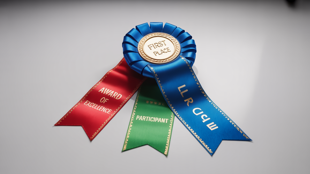 A photorealistic mockup of three award ribbons, a blue 'First Place' ribbon, a red 'Award of Excellence' ribbon, and a green 'Participant' ribbon, arranged on a clean white background.