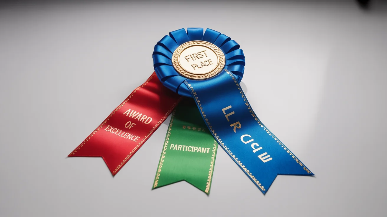 A photorealistic mockup of three award ribbons, a blue 'First Place' ribbon, a red 'Award of Excellence' ribbon, and a green 'Participant' ribbon, arranged on a clean white background.