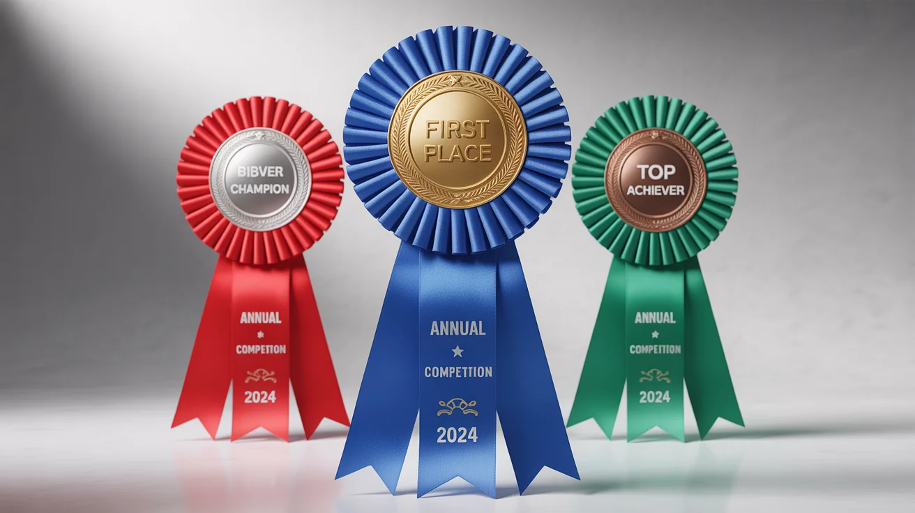 Three photorealistic award ribbons, one blue for 'FIRST PLACE', one red for 'CHAMPION', and one green for 'Top Achiever', are displayed on a clean white background, showcasing different design possibilities.