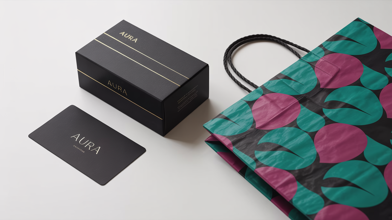 A flat lay of luxury branding materials, including a box, business card, and bag, all featuring a cohesive and vibrant pattern of teal, magenta, and gold abstract shapes.