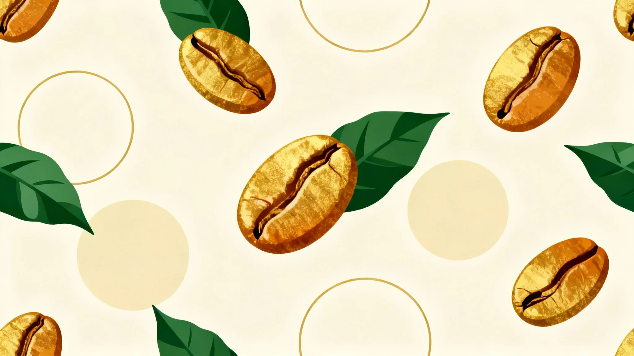 A modern, seamless brand pattern featuring stylized coffee beans, leaves, and geometric shapes in a palette of green, gold, and cream.
