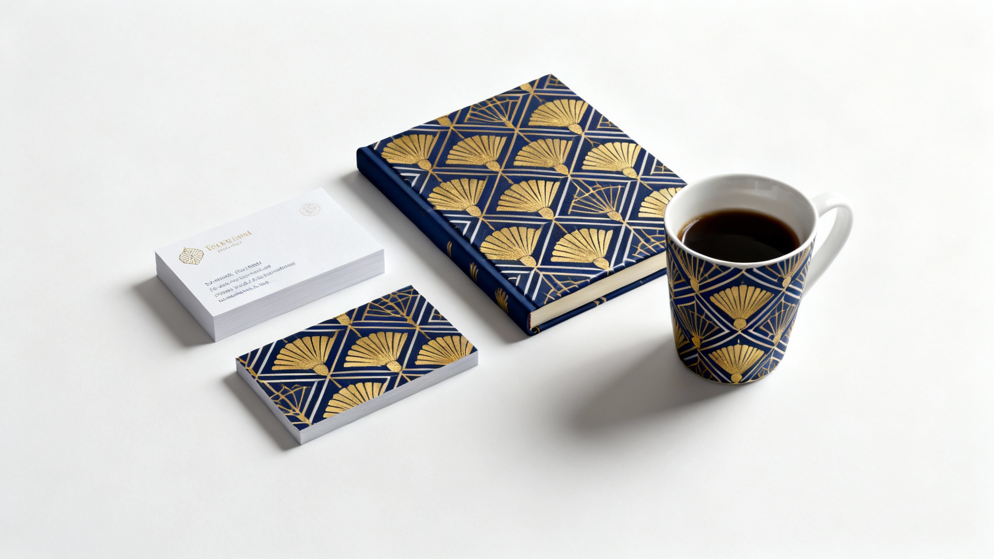 A flat lay mockup of a brand pattern on stationery. A coffee cup, journal, and business card feature a stylish art deco pattern with golden fans and navy lines, all set against a clean white background.