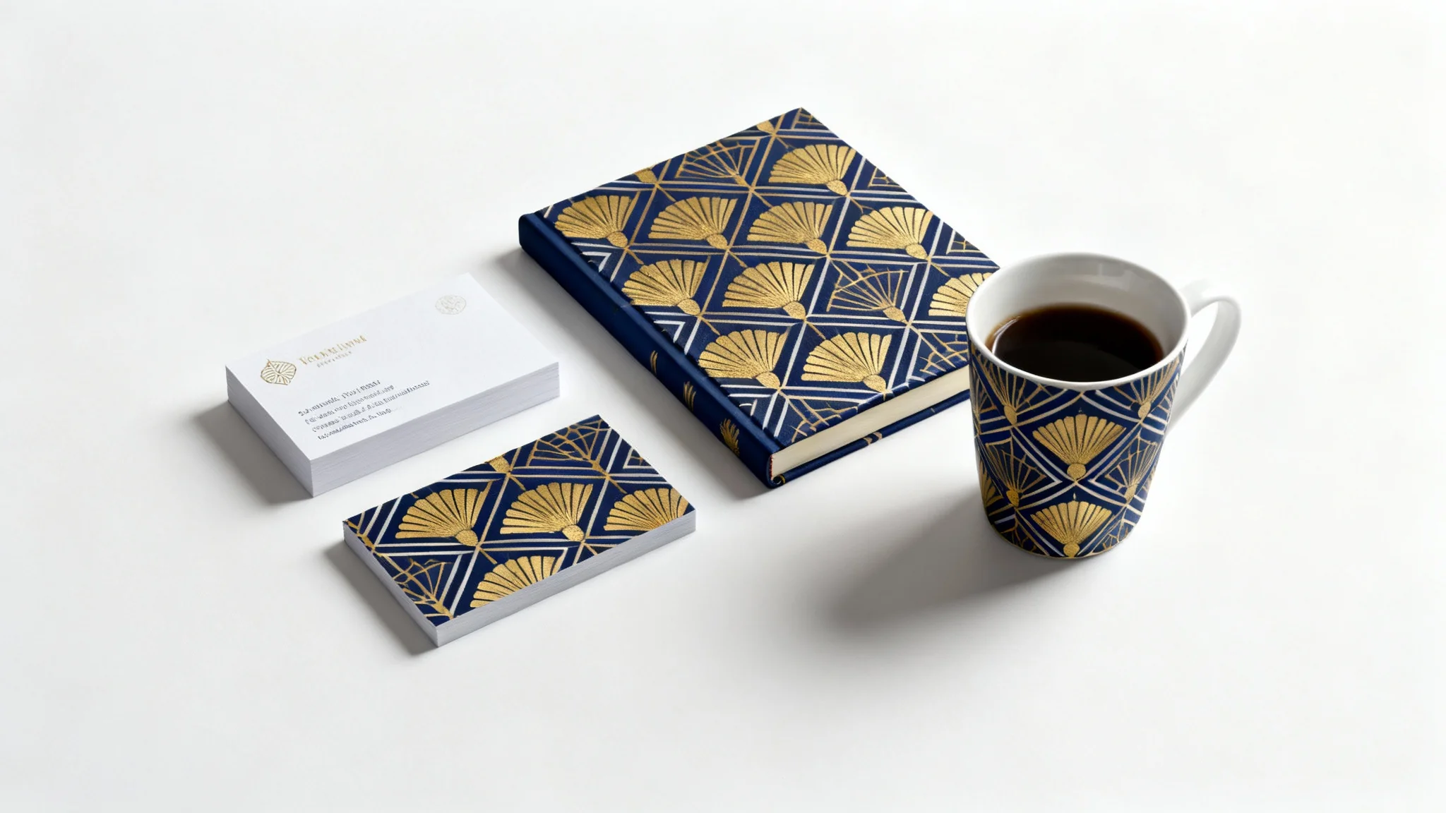 A flat lay mockup of a brand pattern on stationery. A coffee cup, journal, and business card feature a stylish art deco pattern with golden fans and navy lines, all set against a clean white background.