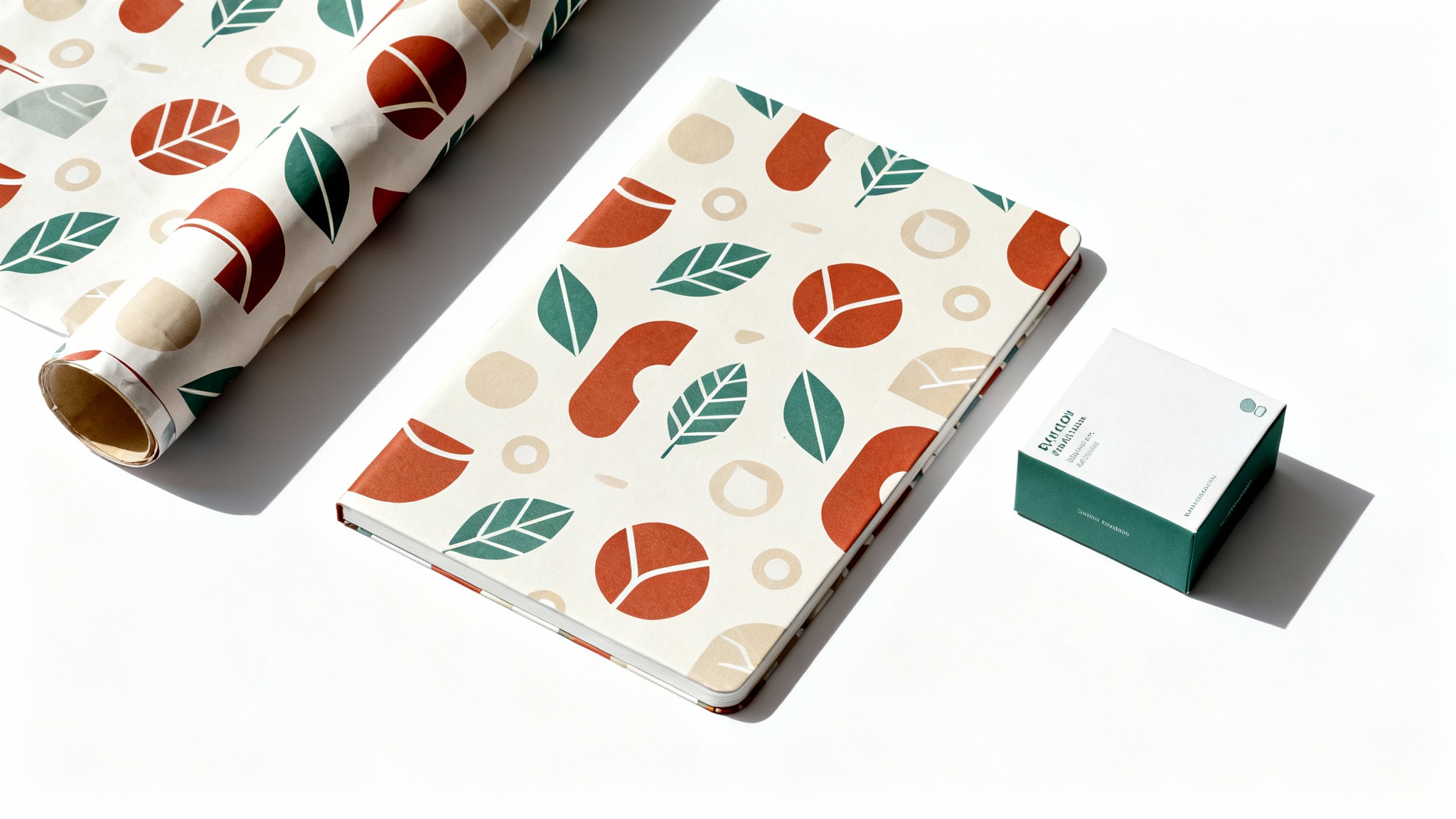 A mockup of a brand pattern with stylized leaves and shapes in an earthy color palette, shown on a notebook and wrapping paper against a white background.