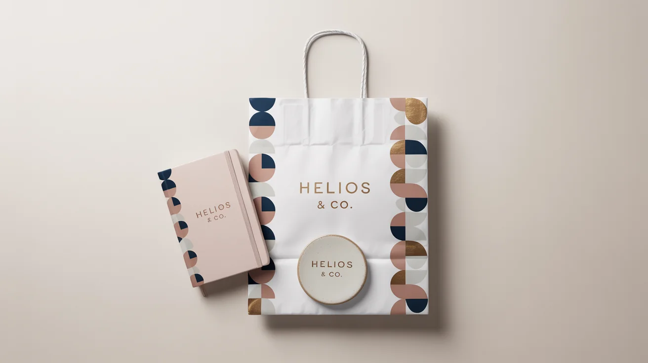A flat lay of branded merchandise including a shopping bag, journal, and coaster, all featuring a modern geometric pattern in navy, pink, and gold, set against a clean white background.