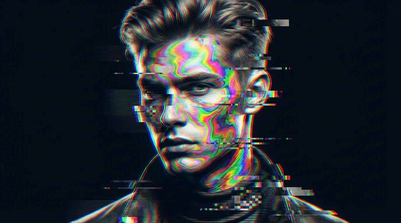 A dramatic portrait of a person with a vibrant rainbow glitch effect applied, showing fragmented colors, pixelation, and digital artifacts across their face against a dark background.