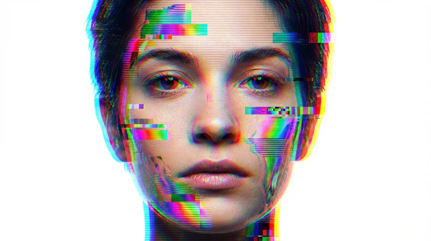 A close-up photorealistic portrait of a person's face being distorted by a colorful rainbow glitch effect, featuring pixelation, scanlines, and RGB color separation, all set against a plain white background.