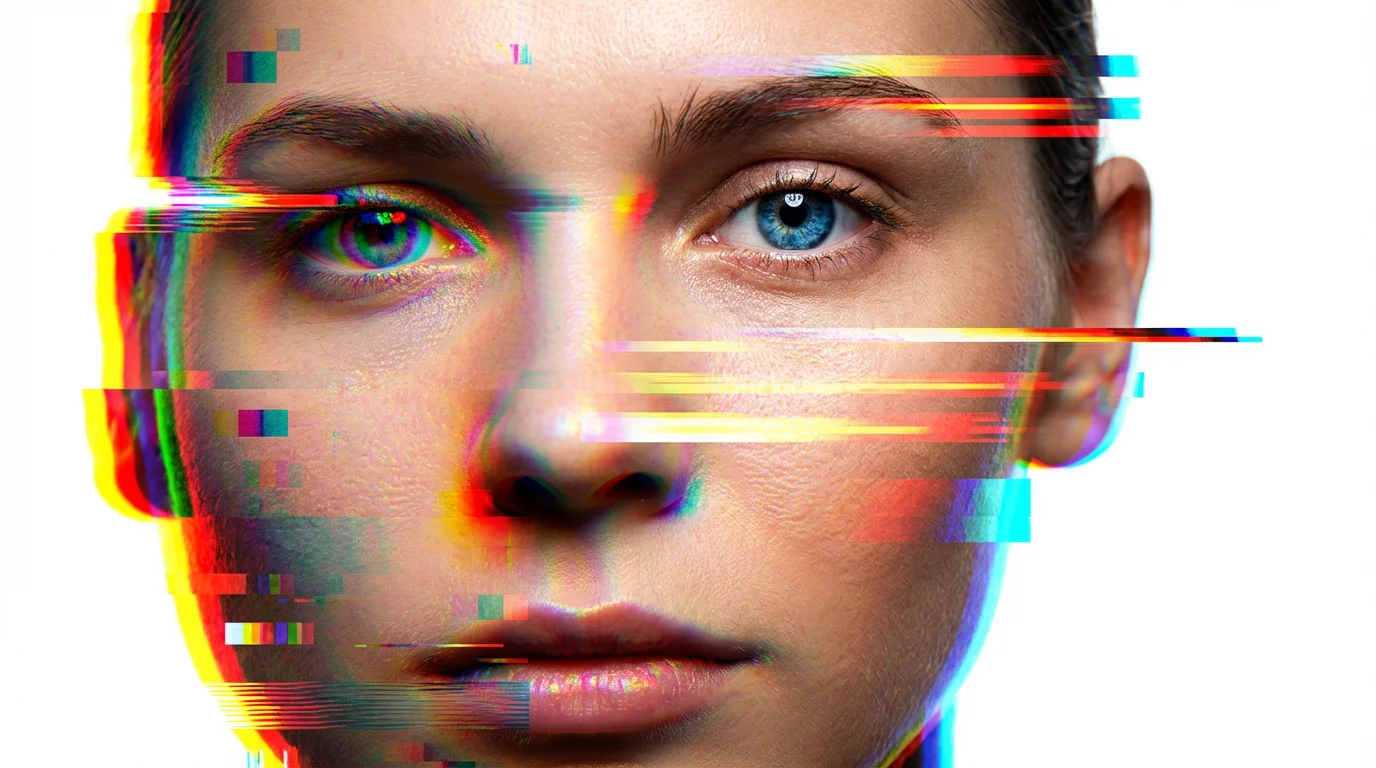 A photorealistic portrait of a face being torn apart by a digital glitch effect, with vibrant rainbow-colored streaks and pixelation distorting the image against a plain white background.