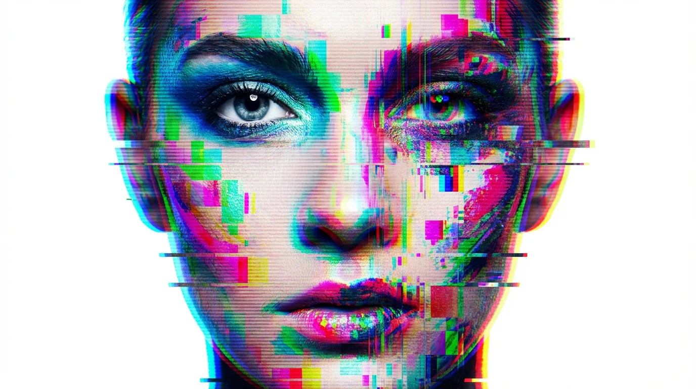 A photorealistic portrait of a face being deconstructed by a colorful rainbow glitch effect, with pixelation and color channel separation, on a solid white background.