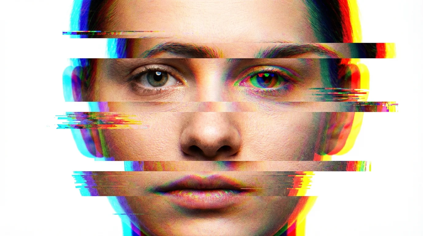 A photorealistic portrait of a person's face being artistically distorted by a colorful rainbow glitch effect, with pixelation and color streaks, set against a plain white background.