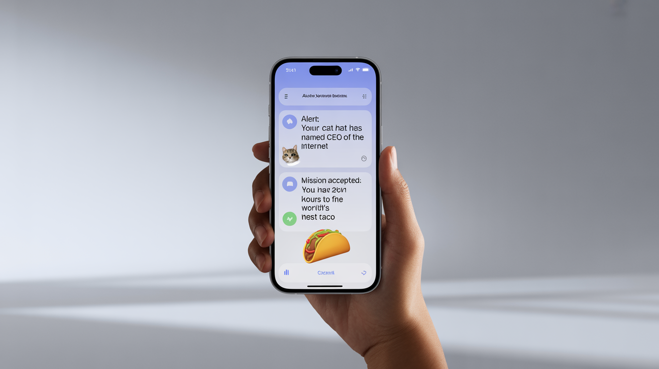 A hand holds a smartphone displaying a series of humorous fake notifications on the screen, such as one appointing a cat as CEO of the internet.