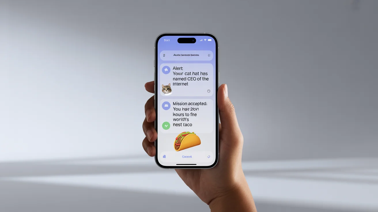 A hand holds a smartphone displaying a series of humorous fake notifications on the screen, such as one appointing a cat as CEO of the internet.
