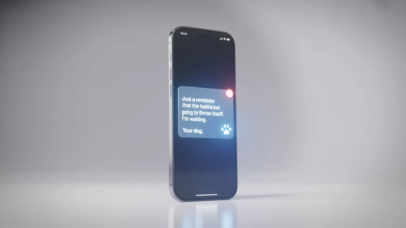 A smartphone on a white background displaying a funny fake notification from 'Your Dog' that reads 'Just a reminder that the ball is not going to throw itself. I'm waiting.'.