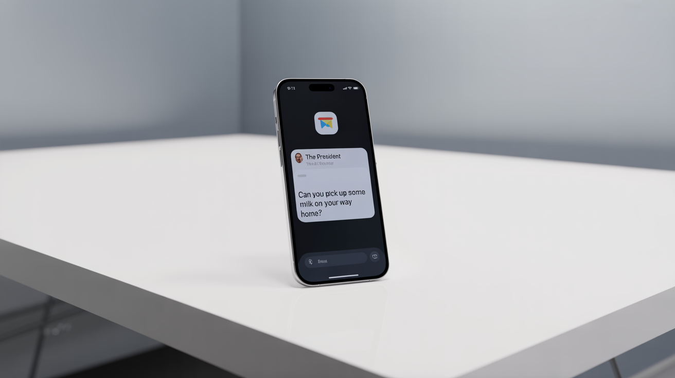 A photorealistic image of a smartphone on a white background, showing a funny fake notification from 'The President' asking to 'pick up some milk'.