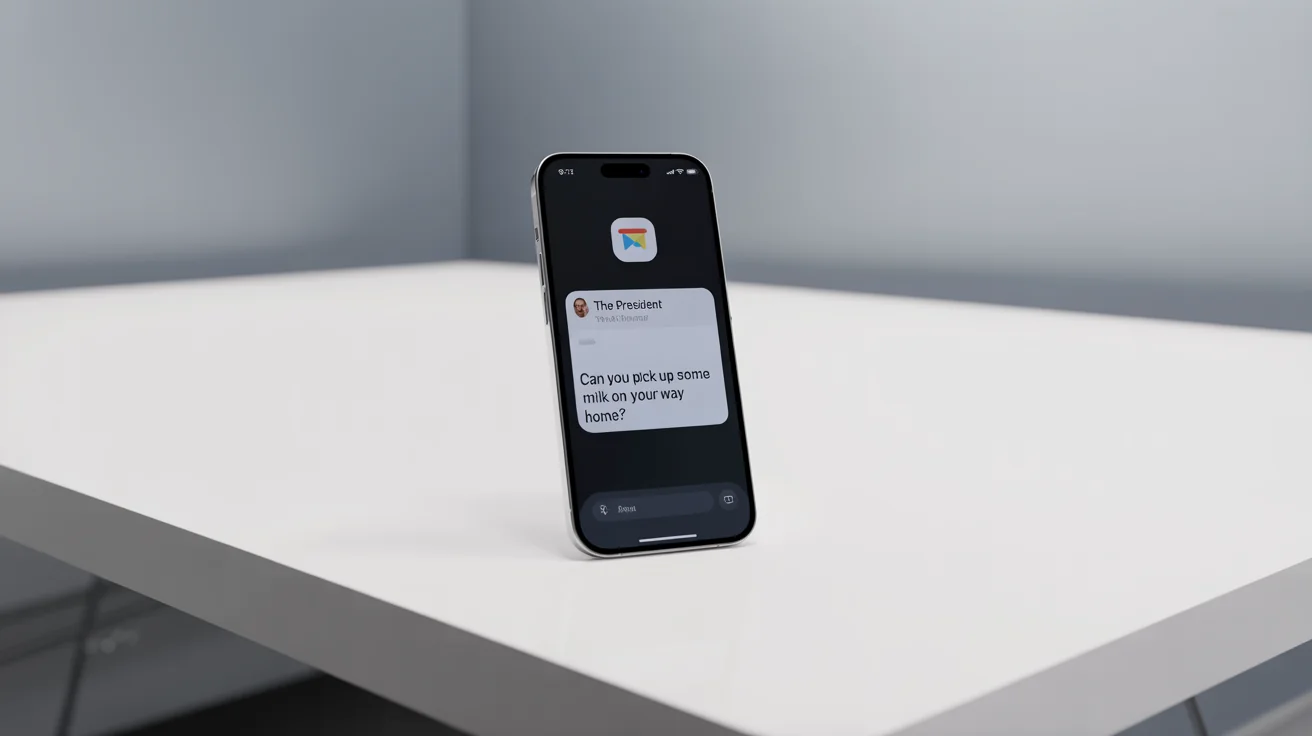 A photorealistic image of a smartphone on a white background, showing a funny fake notification from 'The President' asking to 'pick up some milk'.