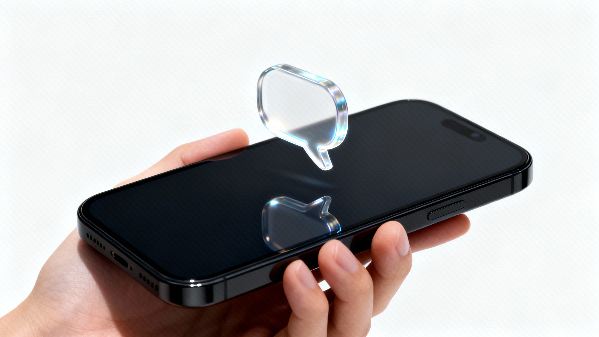 A hand holds a smartphone, and a glowing glass speech bubble icon hovers above the screen, representing a fake notification.