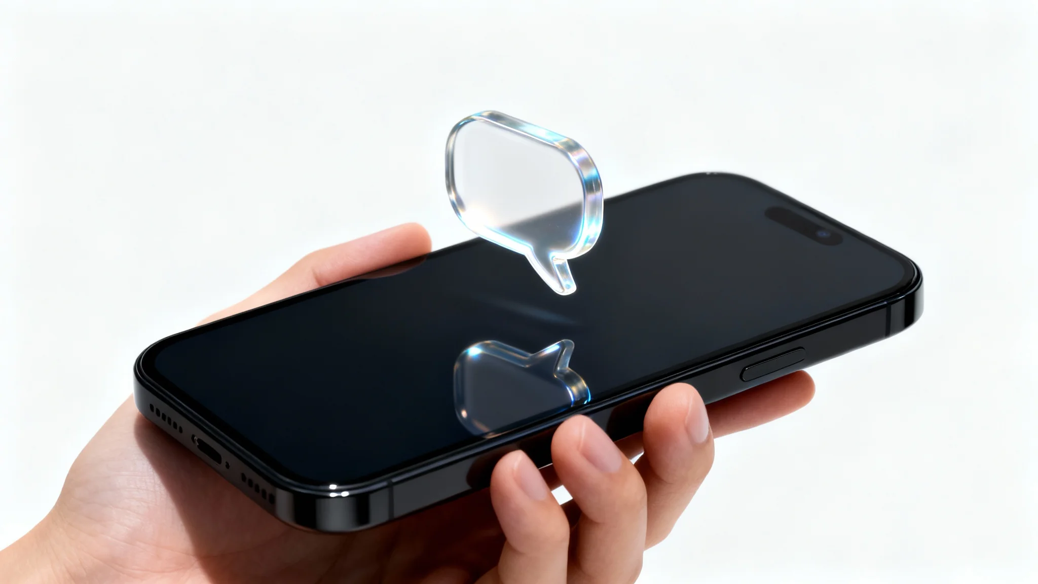 A hand holds a smartphone, and a glowing glass speech bubble icon hovers above the screen, representing a fake notification.