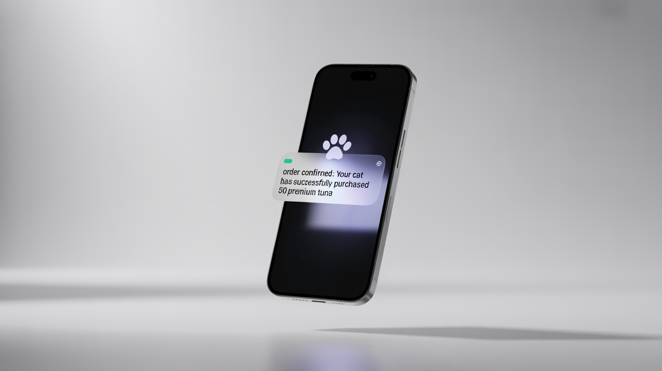 A modern smartphone on a white background displays a fake notification saying that the user's cat has ordered 50 pounds of tuna.