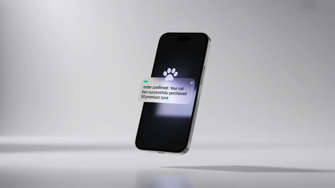 A modern smartphone on a white background displays a fake notification saying that the user's cat has ordered 50 pounds of tuna.