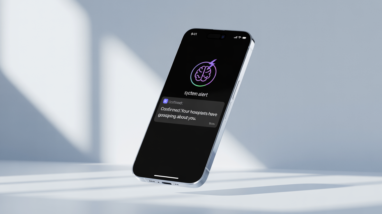 A modern smartphone on a white background displaying a humorous fake notification that reads: 'Confirmed: Your houseplants have been gossiping about you.'