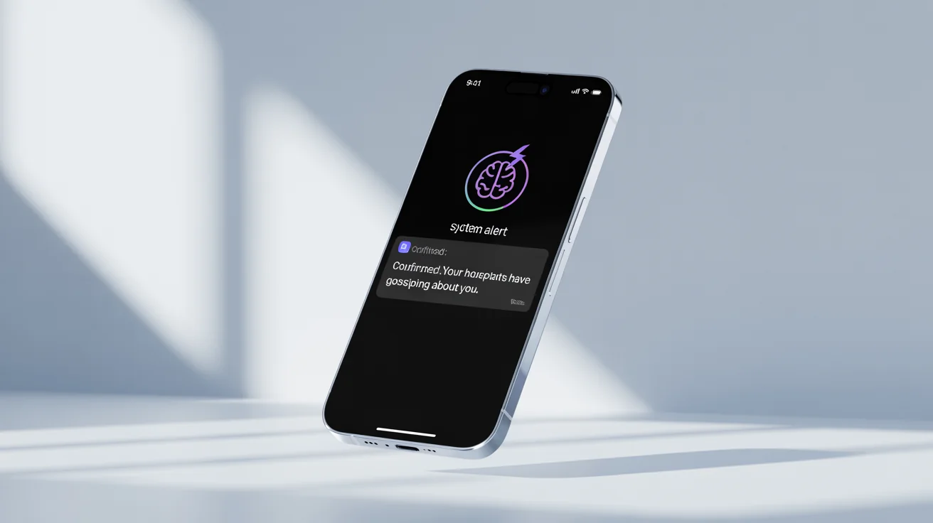 A modern smartphone on a white background displaying a humorous fake notification that reads: 'Confirmed: Your houseplants have been gossiping about you.'