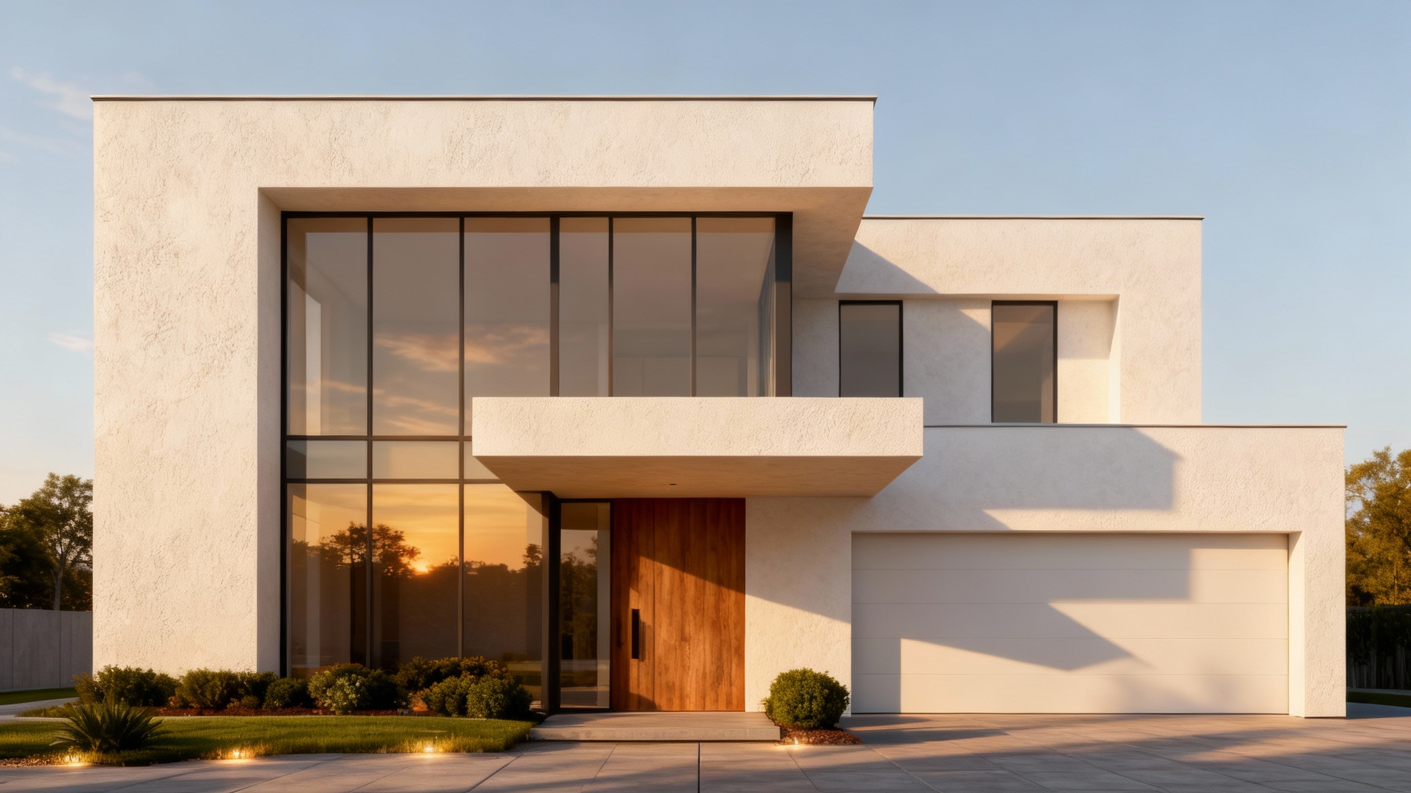 A photorealistic final rendering of a modern home's front elevation at golden hour, showcasing a white stucco facade, large windows, a wooden front door, and professional landscaping.