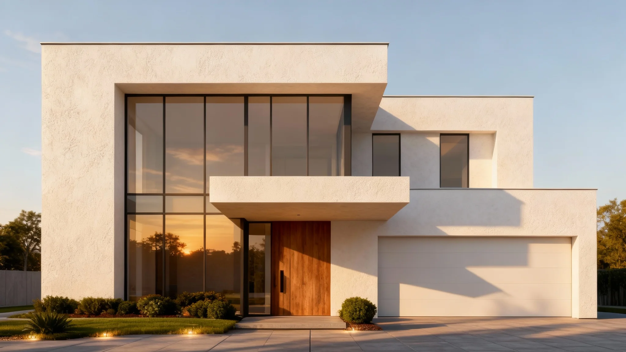 A photorealistic final rendering of a modern home's front elevation at golden hour, showcasing a white stucco facade, large windows, a wooden front door, and professional landscaping.