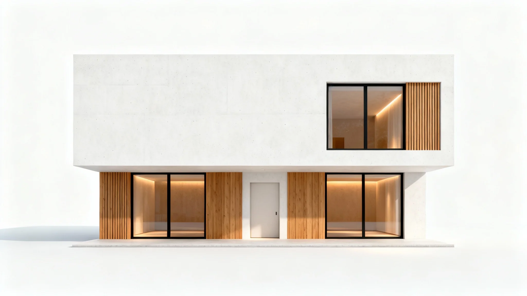 A photorealistic mockup of the front elevation of a modern, two-story house featuring a minimalist design with concrete, wood, and large windows, set against a plain white background.