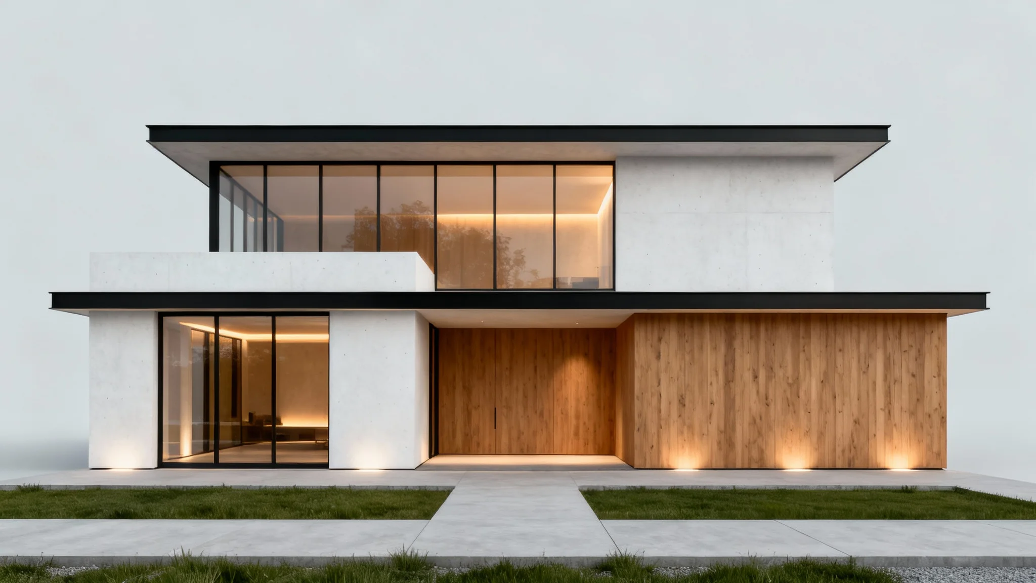 A photorealistic front elevation view of a modern, two-story minimalist house featuring wood and concrete, illuminated from within, set against a plain white background.